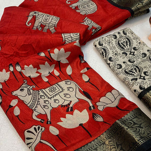 Heritage Inspired Red Mulmul Saree Featuring Pichwai Art Prints