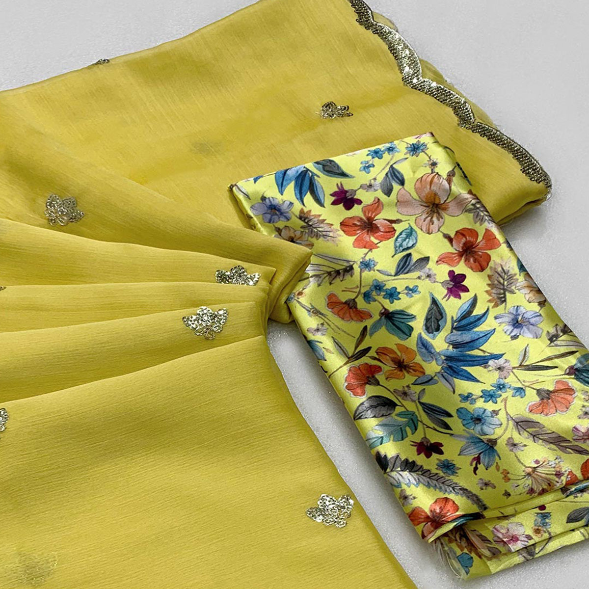 Yellow Floral Sequins Embroidered Chiffon Saree