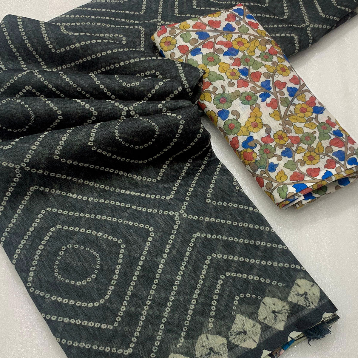 Black Bandhani Printed Linen Saree With Delicate Tassel Border