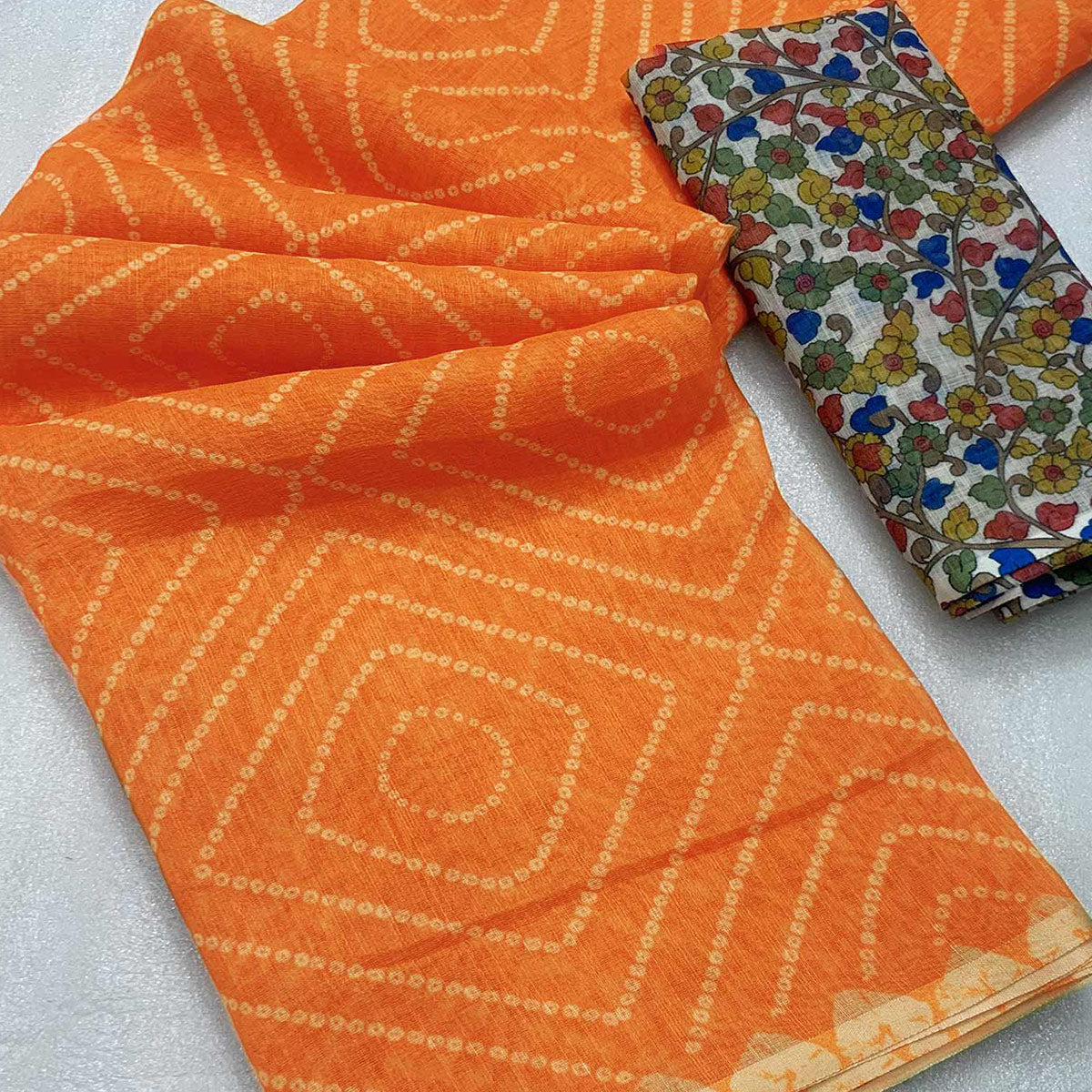 Orange Bandhani Printed Linen Saree With Delicate Tassel Border