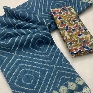 Dark Steel Blue Bandhani Printed Linen Saree With Delicate Tassel Border