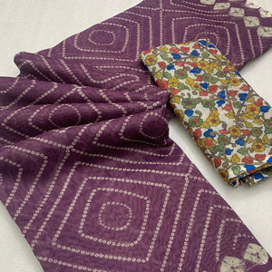 Wine Bandhani Printed Linen Saree With Delicate Tassel Border