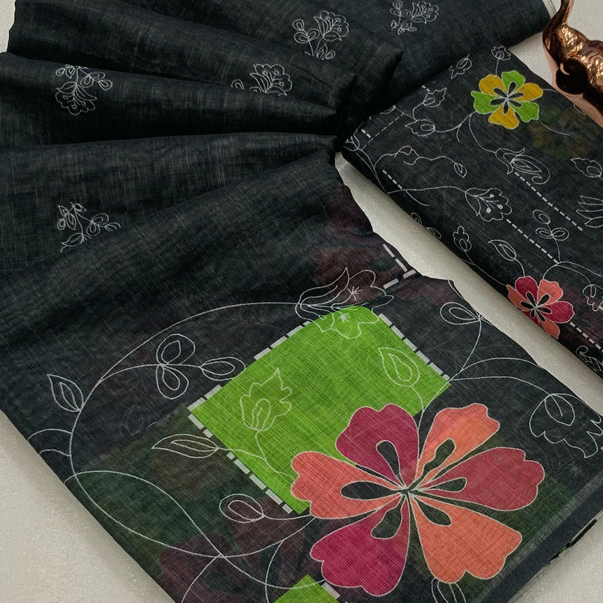 Black Floral Printed Linen Saree With Elegant Tassel Border