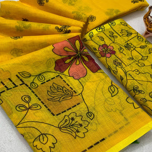 Mustard Floral Printed Linen Saree With Elegant Tassel Border