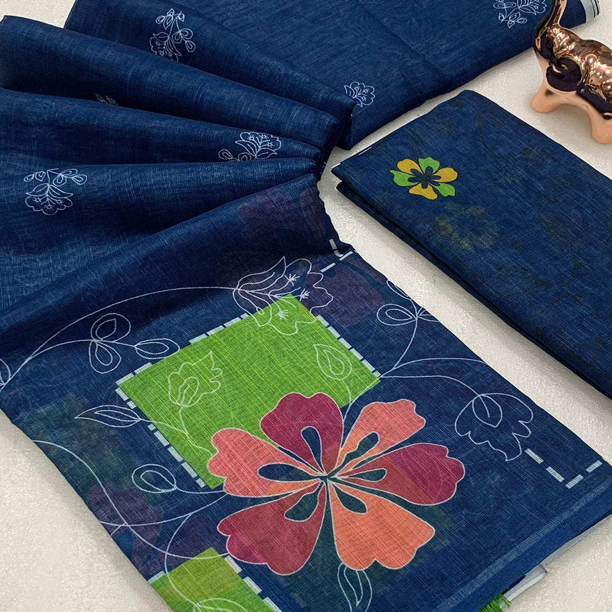 Navy Blue Floral Printed Linen Saree With Elegant Tassel Border