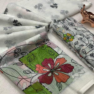 White Floral Printed Linen Saree With Elegant Tassel Border