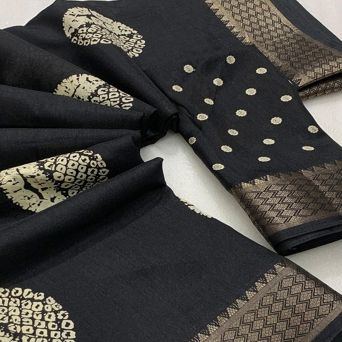 Black Batik Printed Cotton Silk Saree With Zari Border