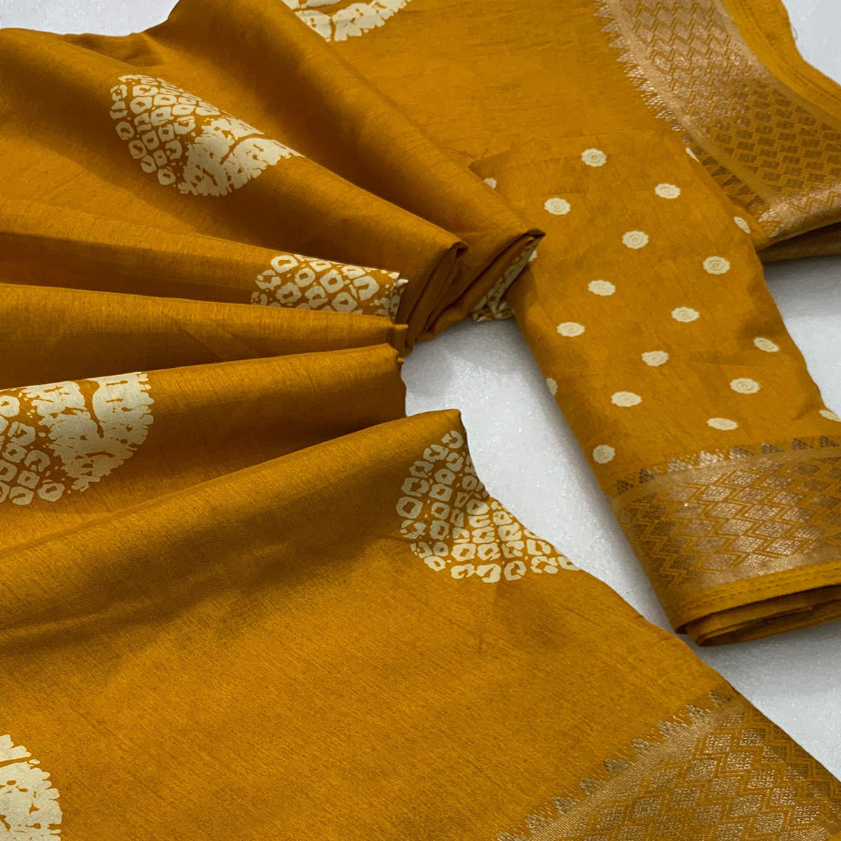 Mustard Batik Printed Cotton Silk Saree With Zari Border