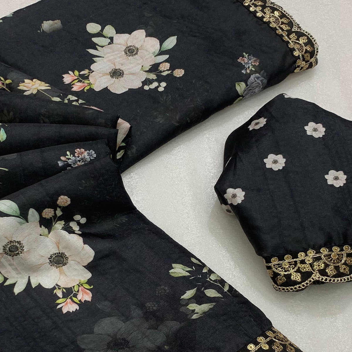 Black Floral Digital Printed Tussar Silk Saree With Sequins Embroidered Border