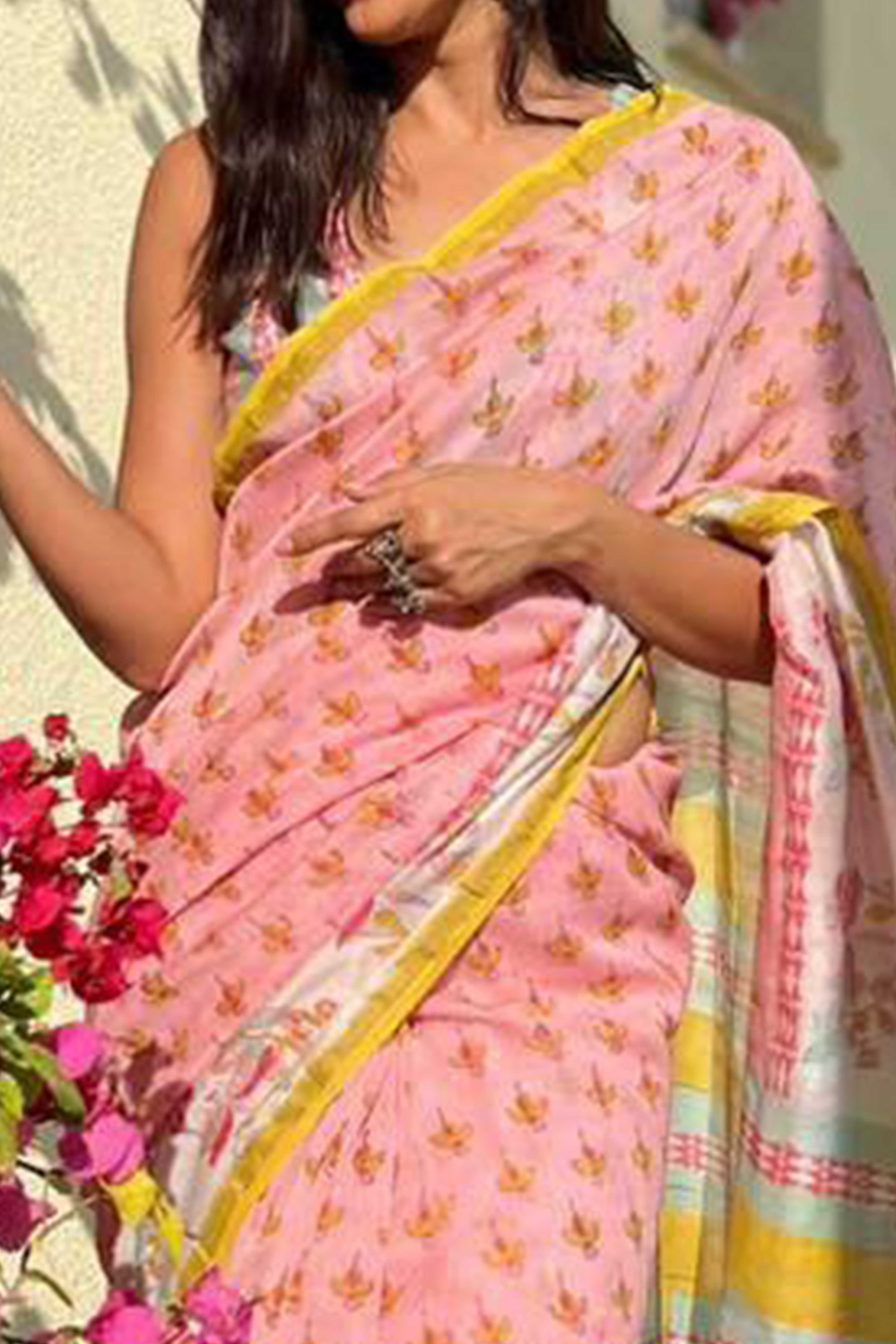 Peach Batik Printed Pure Linen Saree With Tassels