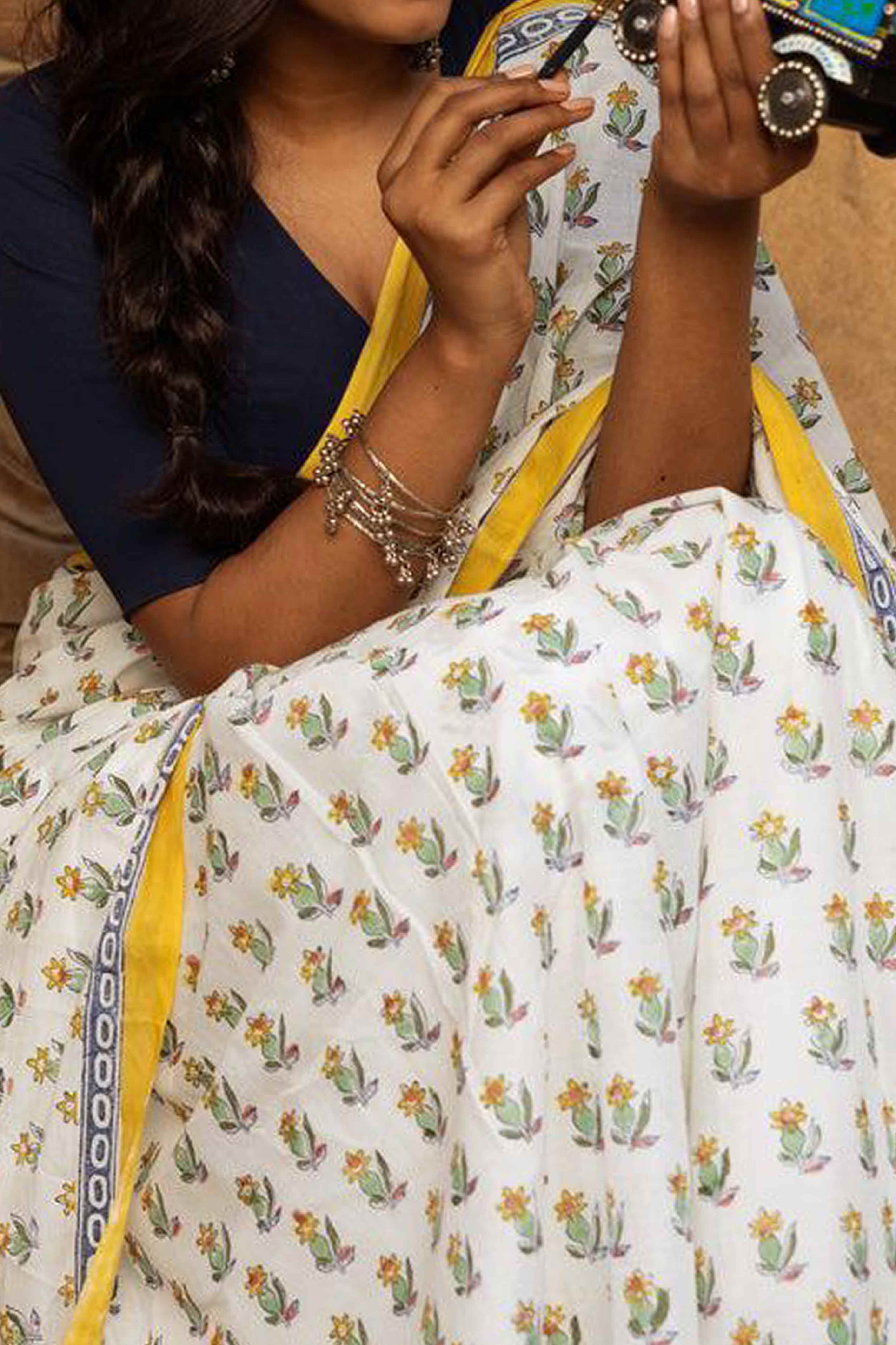 White Batik Printed Pure Linen Saree With Tassels