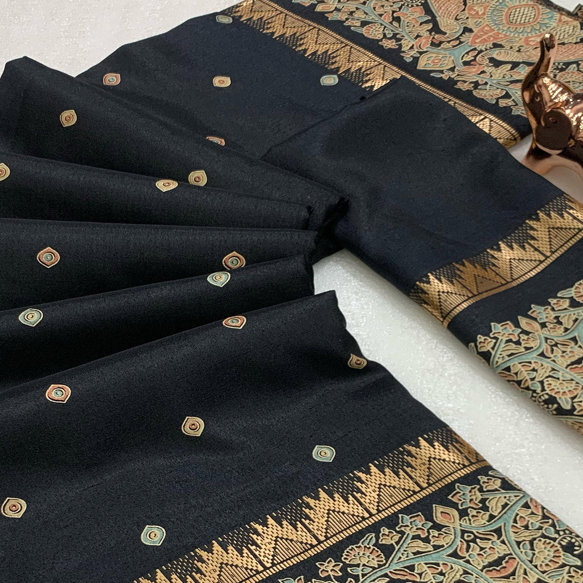 Black Cotton Silk Saree with Zari-Woven Border and Timeless Printed Motifs