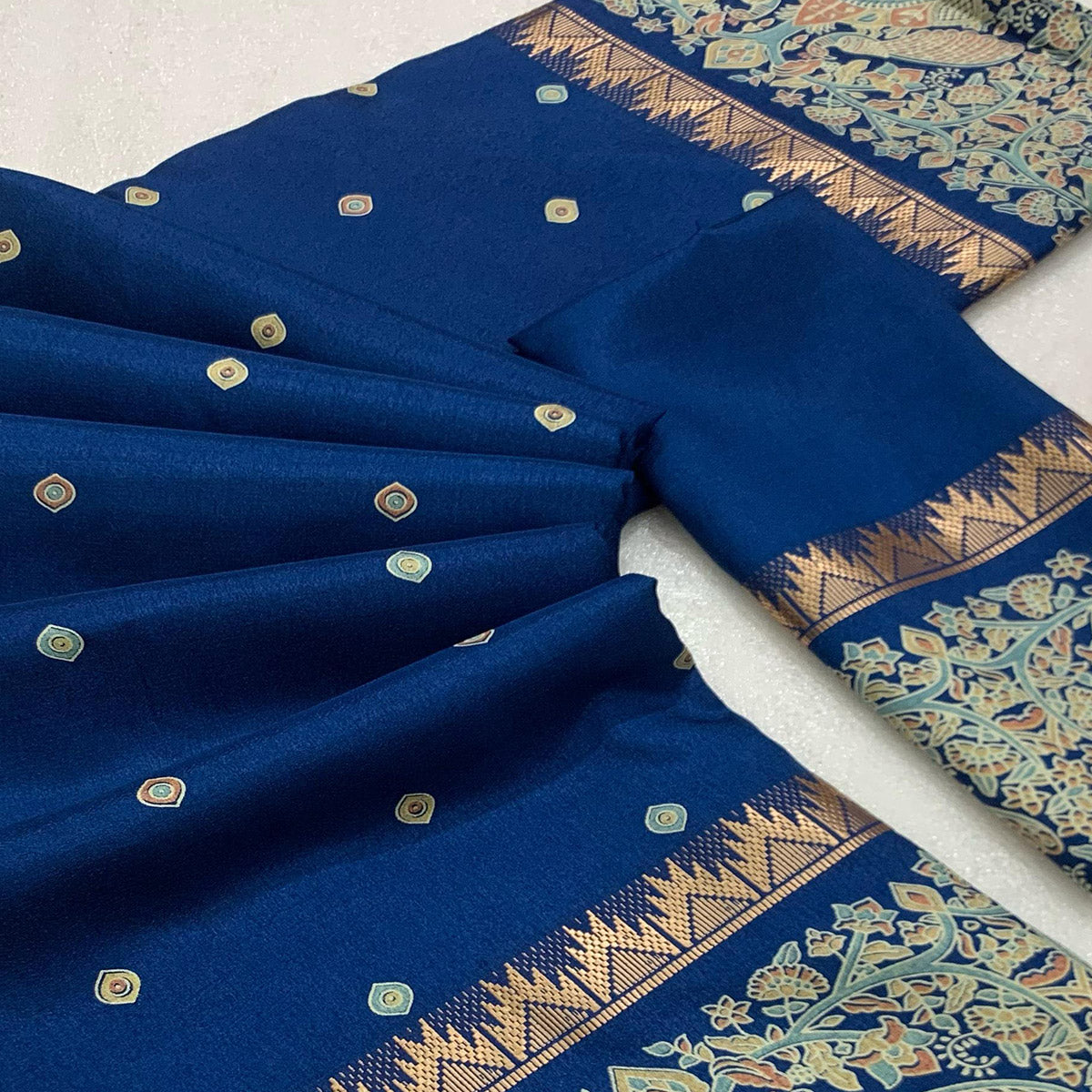 Blue Cotton Silk Saree with Zari-Woven Border and Elegant Printed Designs