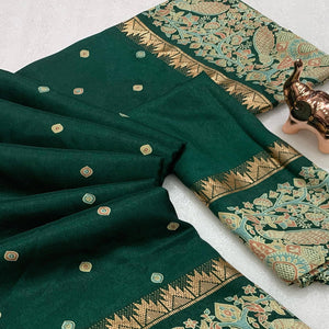 Green Cotton Silk Saree with Zari-Woven Border and Traditional Printed Charm