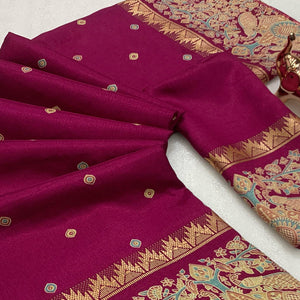 Magenta Cotton Silk Saree with Zari-Woven Border and Striking Printed Patterns