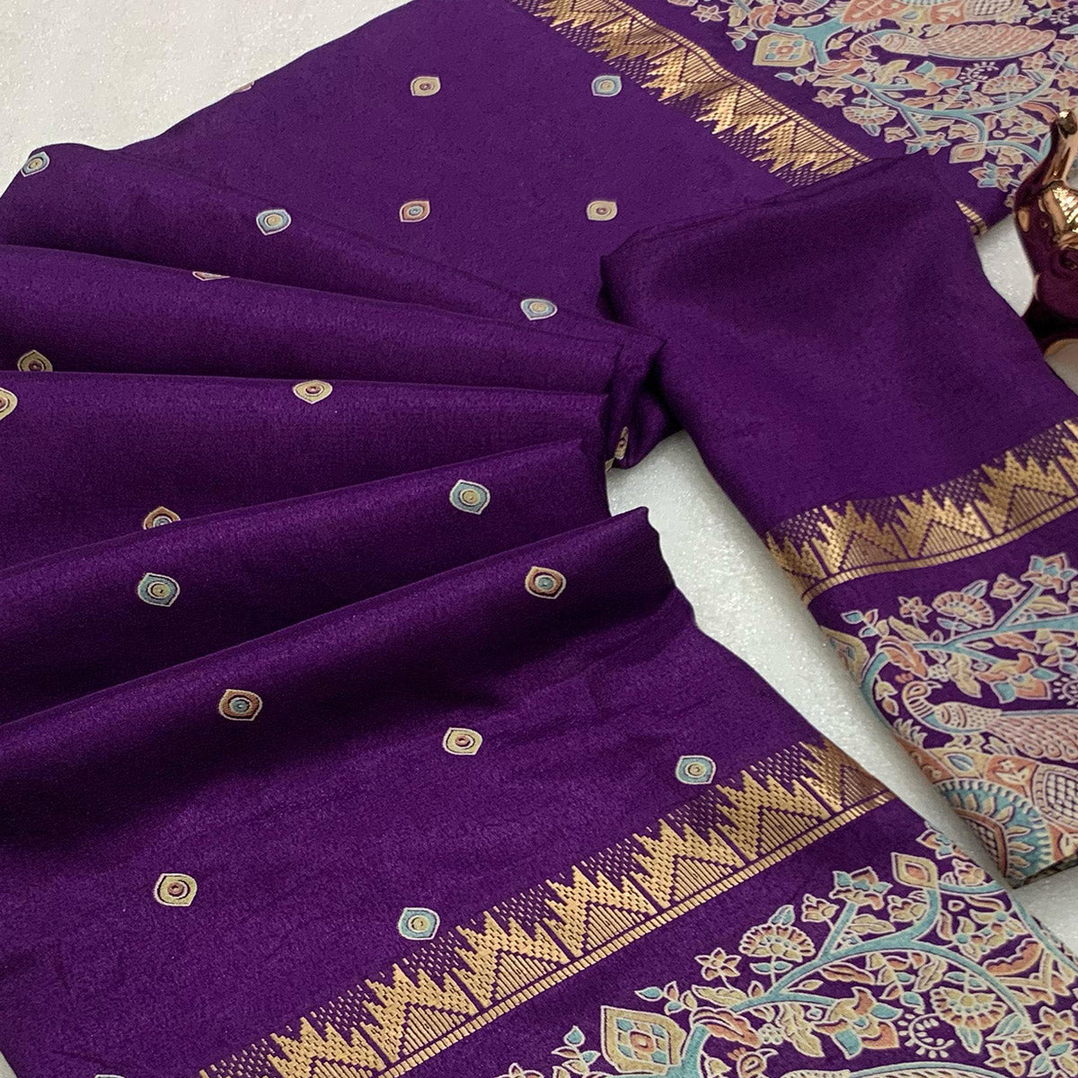 Purple Cotton Silk Saree with Zari-Woven Border and Intricate Patterns