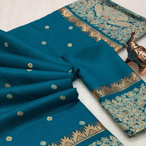 Teal Cotton Silk Saree with Zari-Woven Border and Artistic Printed Details