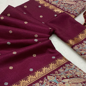 Wine Cotton Silk Saree with Zari-Woven Border and Rich Printed Elegance