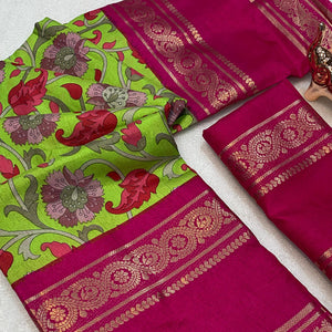 Green Saree In Dola Silk Featuring Floral Kalamkari Print & Rich Jacquard Border