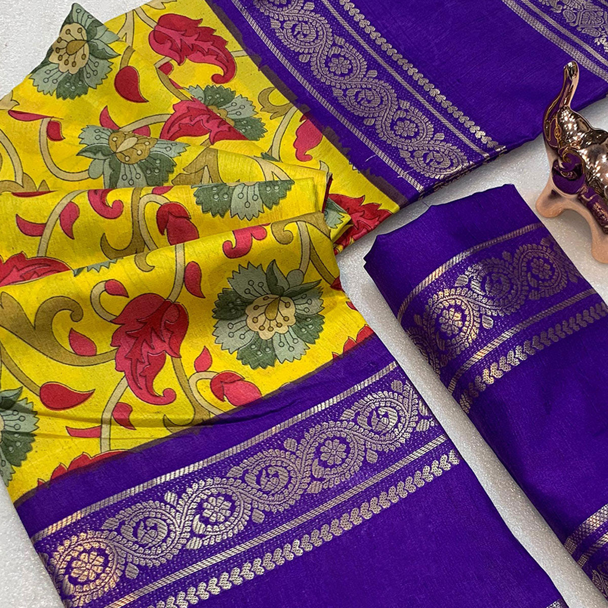 Mustard Saree In Dola Silk Featuring Floral Kalamkari Print & Rich Jacquard Border