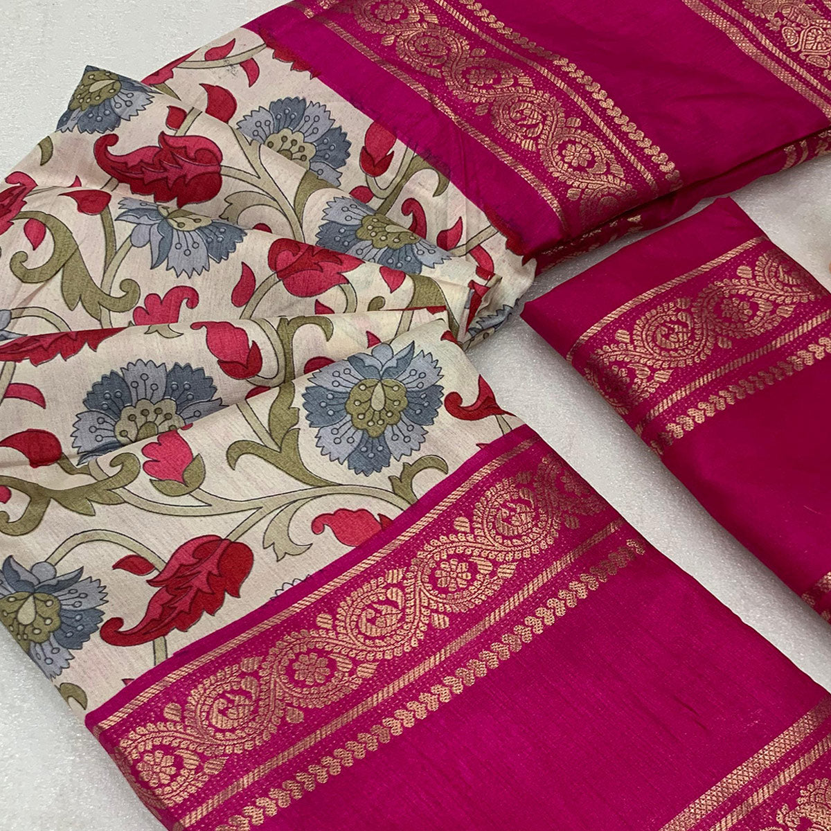 Offwhite Saree In Dola Silk Featuring Floral Kalamkari Print & Rich Jacquard Border