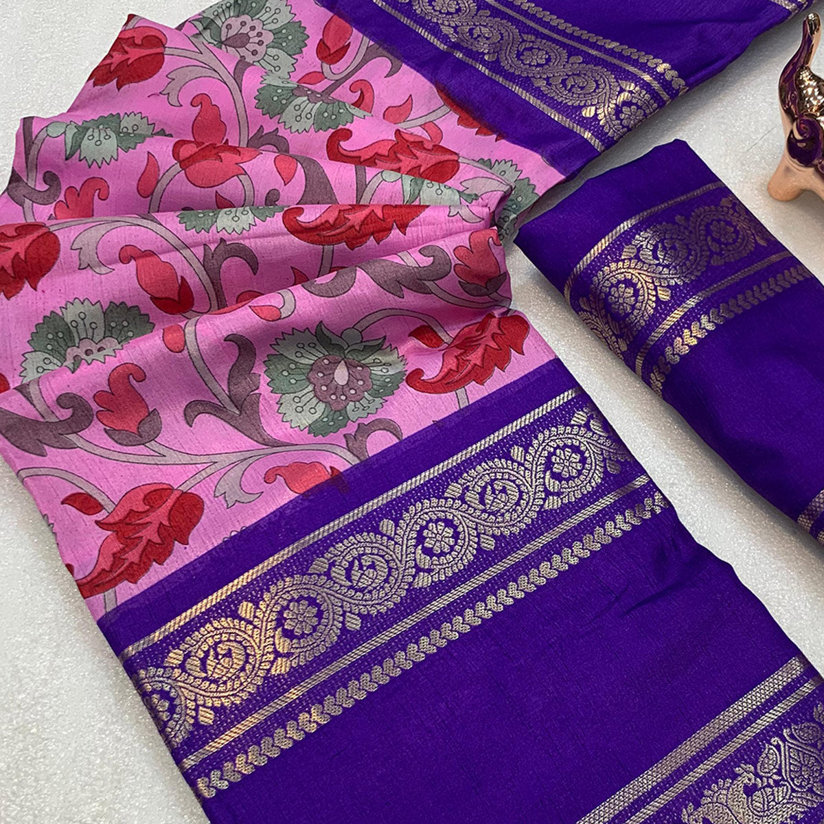 Pink Saree In Dola Silk Featuring Floral Kalamkari Print & Rich Jacquard Border