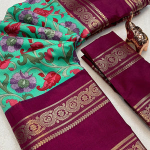 Sea Green Saree In Dola Silk Featuring Floral Kalamkari Print & Rich Jacquard Border