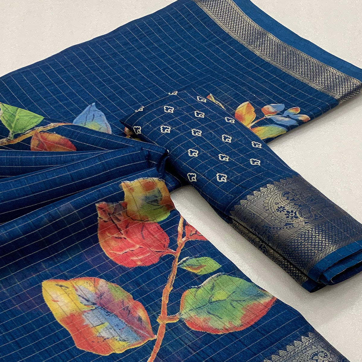 Blue Floral Printed With Woven Dola Silk Saree