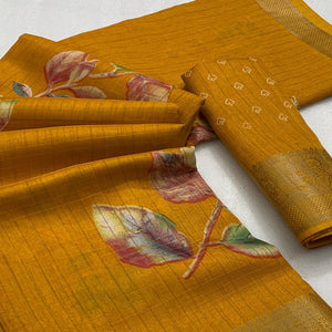 Mustard Floral Printed With Woven Dola Silk Saree