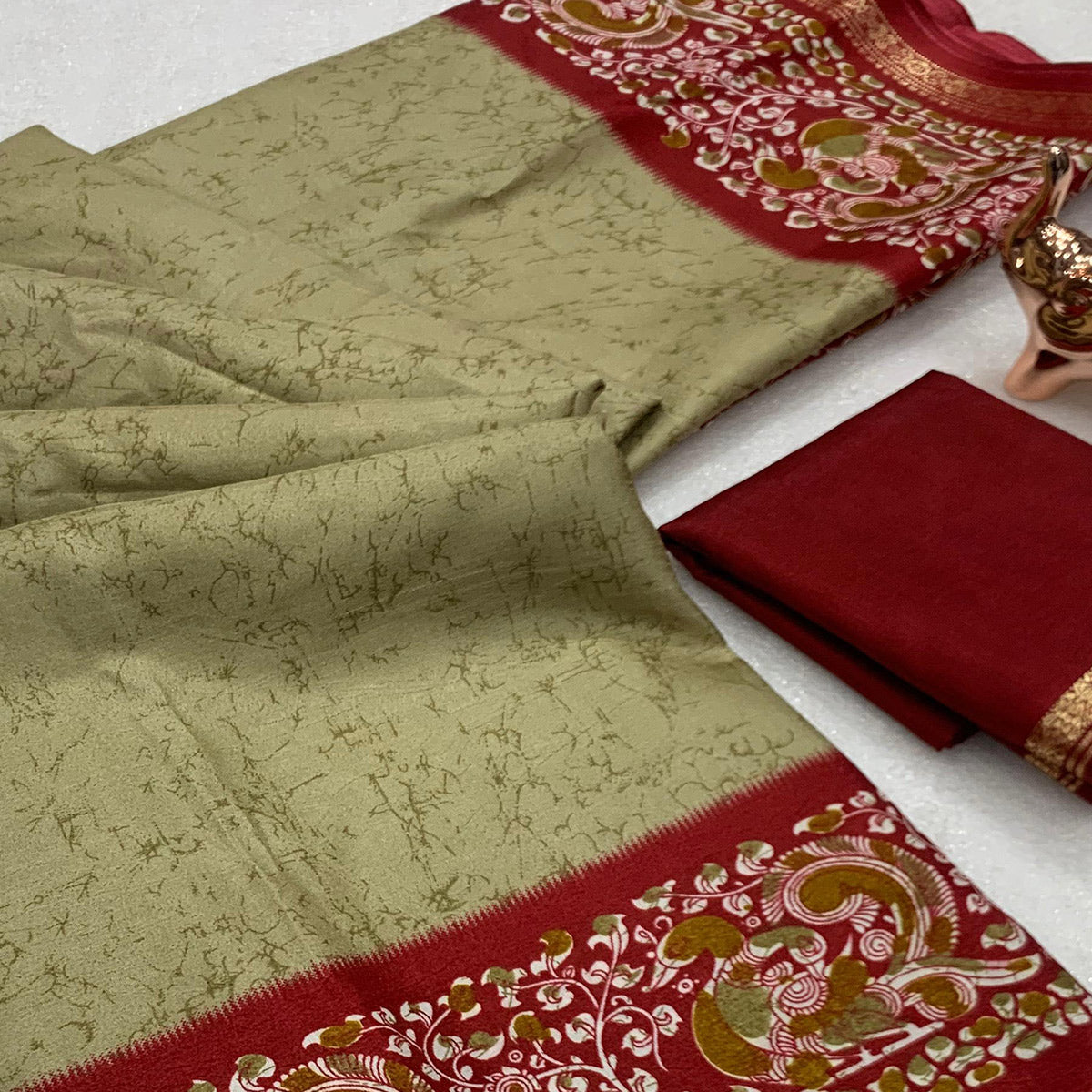 Beige Dola Silk Saree with Modern Abstract Designs and Kalamkari Pallu