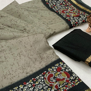 Grey Dola Silk Saree with Contemporary Abstract Motifs and Kalamkari Pallu