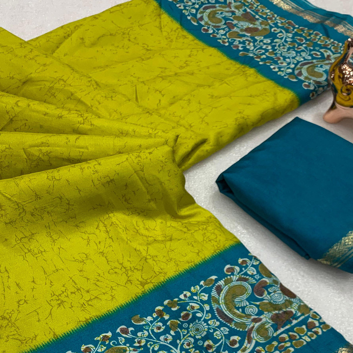 Lime Yellow Dola Silk Saree with Bold Abstract Designs and Kalamkari Pallu