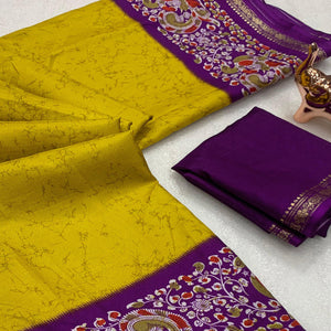 Mustard Yellow Dola Silk Saree with Vibrant Abstract Prints and Kalamkari Pallu