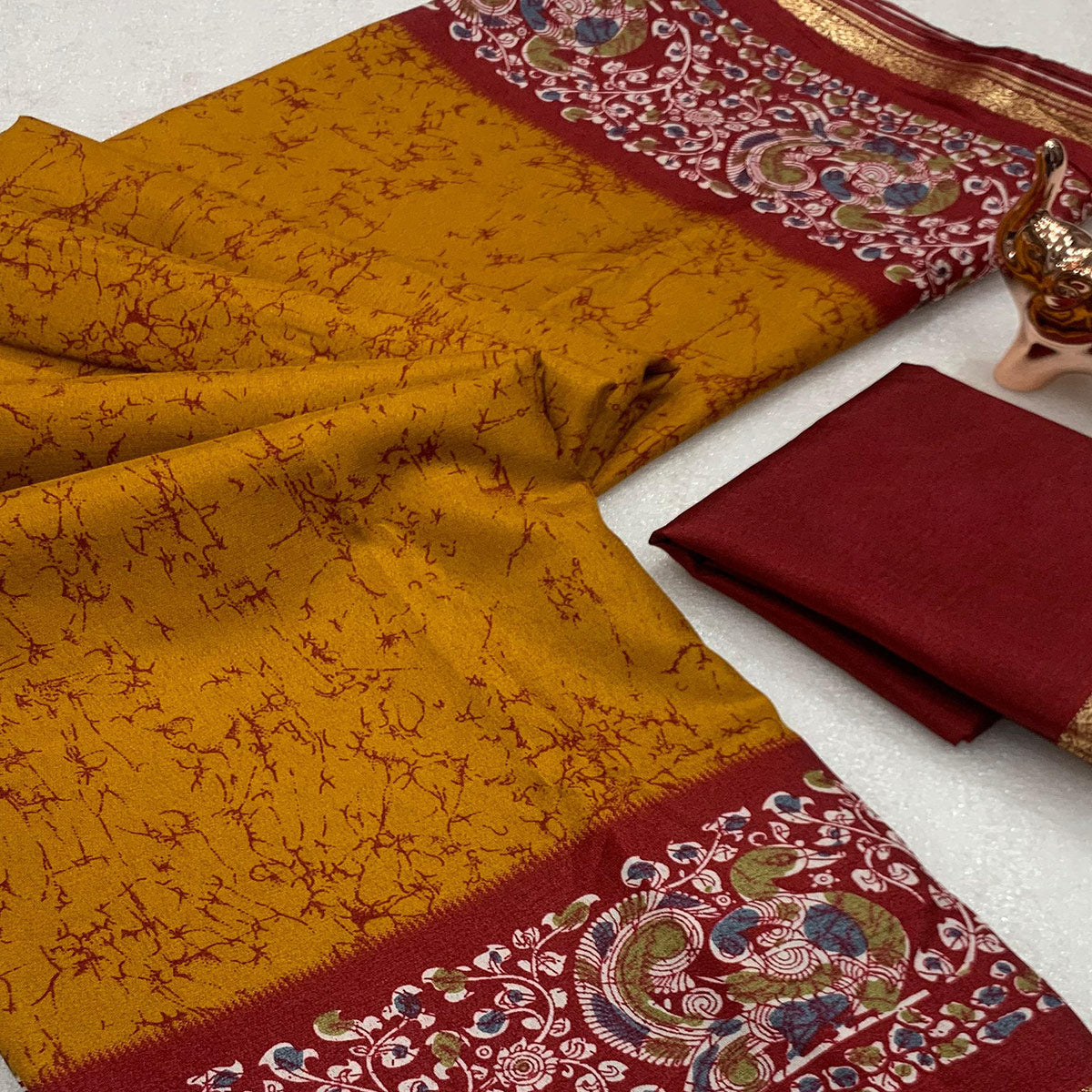 Mustard Dola Silk Saree with Abstract Prints and Traditional Kalamkari Pallu