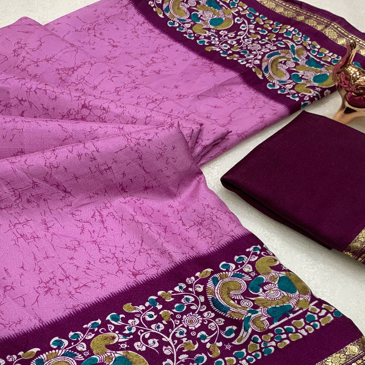 Pinkish Purple Dola Silk Saree with Striking Abstract Patterns and Kalamkari Pallu
