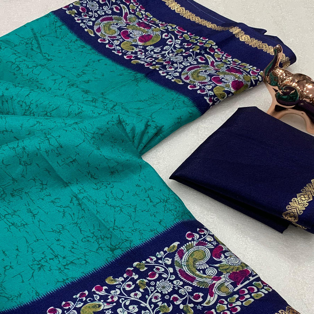 Turquoise Dola Silk Saree with Artistic Abstract Prints and Kalamkari Pallu