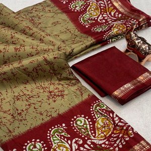 Chikoo & Maroon Abstract Printed Dola Silk Saree Enhanced With Kalamkari Art Pallu