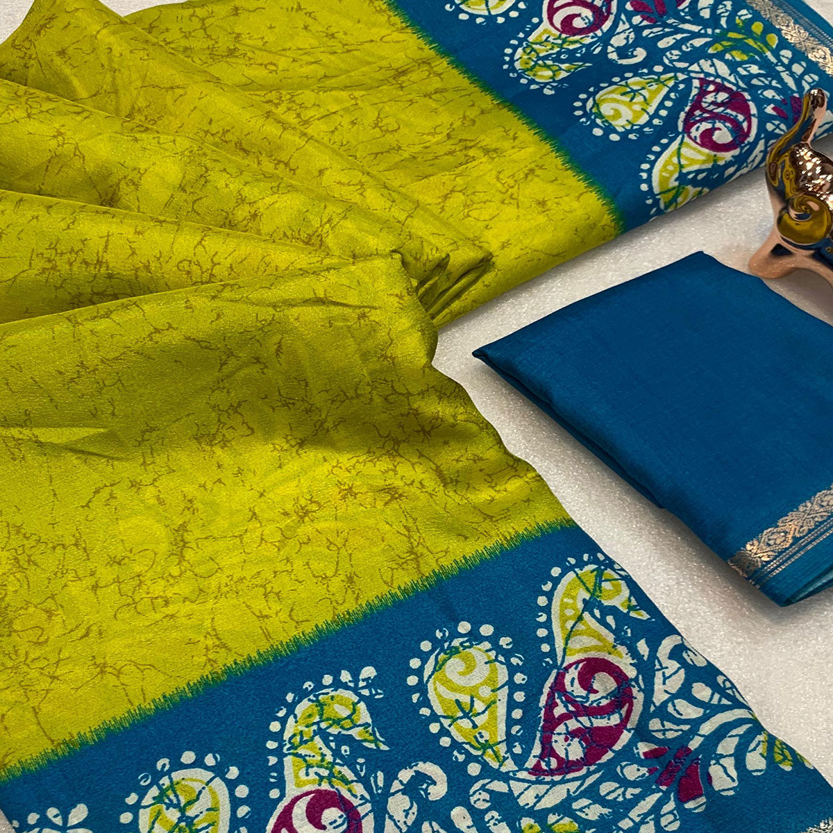 Lime Yellow & Blue Abstract Printed Dola Silk Saree Enhanced With Kalamkari Art Pallu