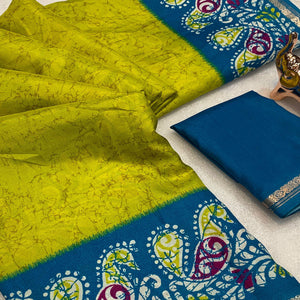 Lime Yellow & Blue Abstract Printed Dola Silk Saree Enhanced With Kalamkari Art Pallu