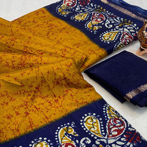 Mustard & Navy Blue Abstract Printed Dola Silk Saree Enhanced With Kalamkari Art Pallu