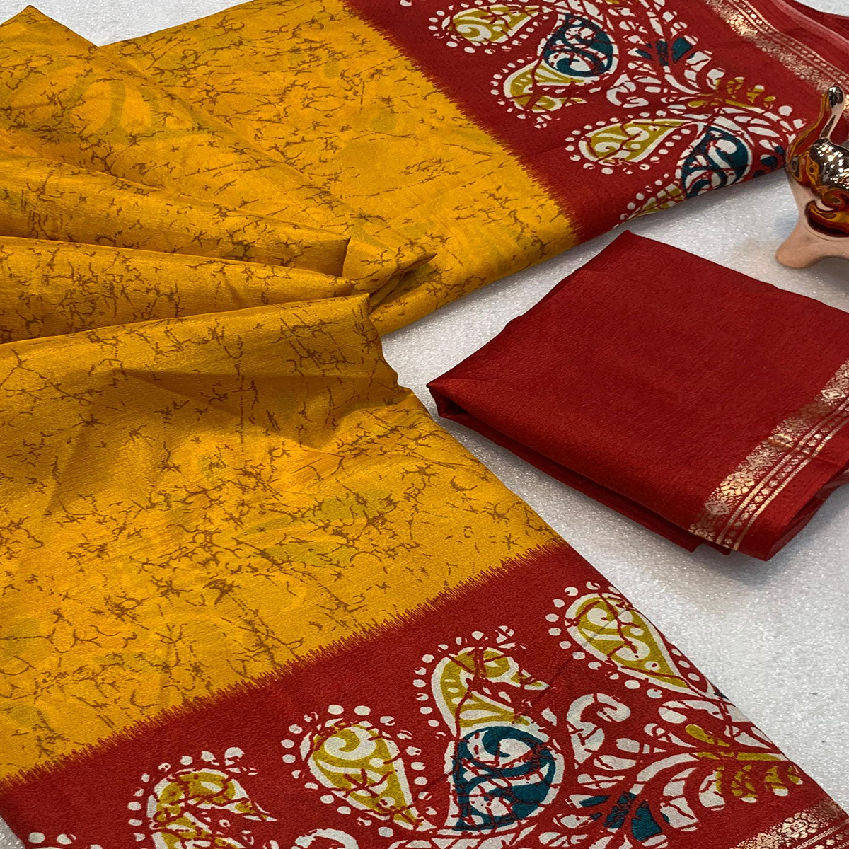 Mustard & Red Abstract Printed Dola Silk Saree Enhanced With Kalamkari Art Pallu