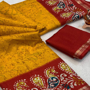 Mustard & Red Abstract Printed Dola Silk Saree Enhanced With Kalamkari Art Pallu