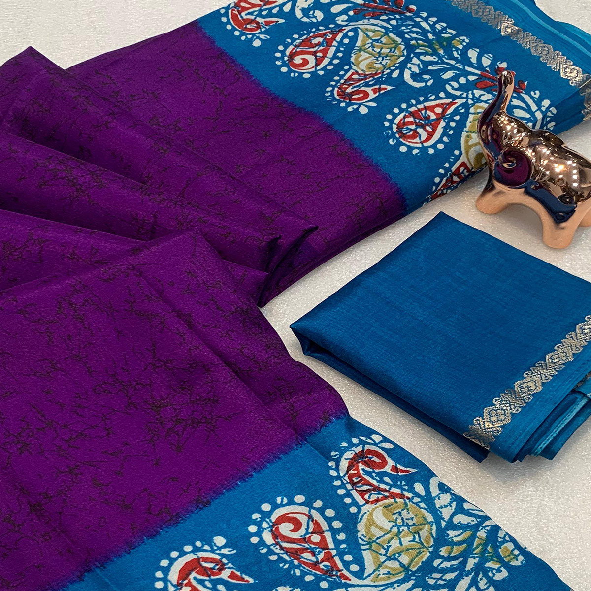 Purple & Blue Abstract Printed Dola Silk Saree Enhanced With Kalamkari Art Pallu