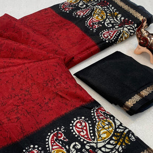 Red & Black Abstract Printed Dola Silk Saree Enhanced With Kalamkari Art Pallu