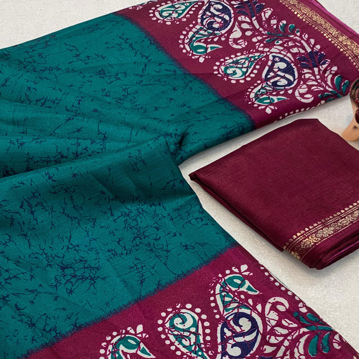 Teal & Wine Abstract Printed Dola Silk Saree Enhanced With Kalamkari Art Pallu