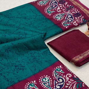 Teal & Wine Abstract Printed Dola Silk Saree Enhanced With Kalamkari Art Pallu