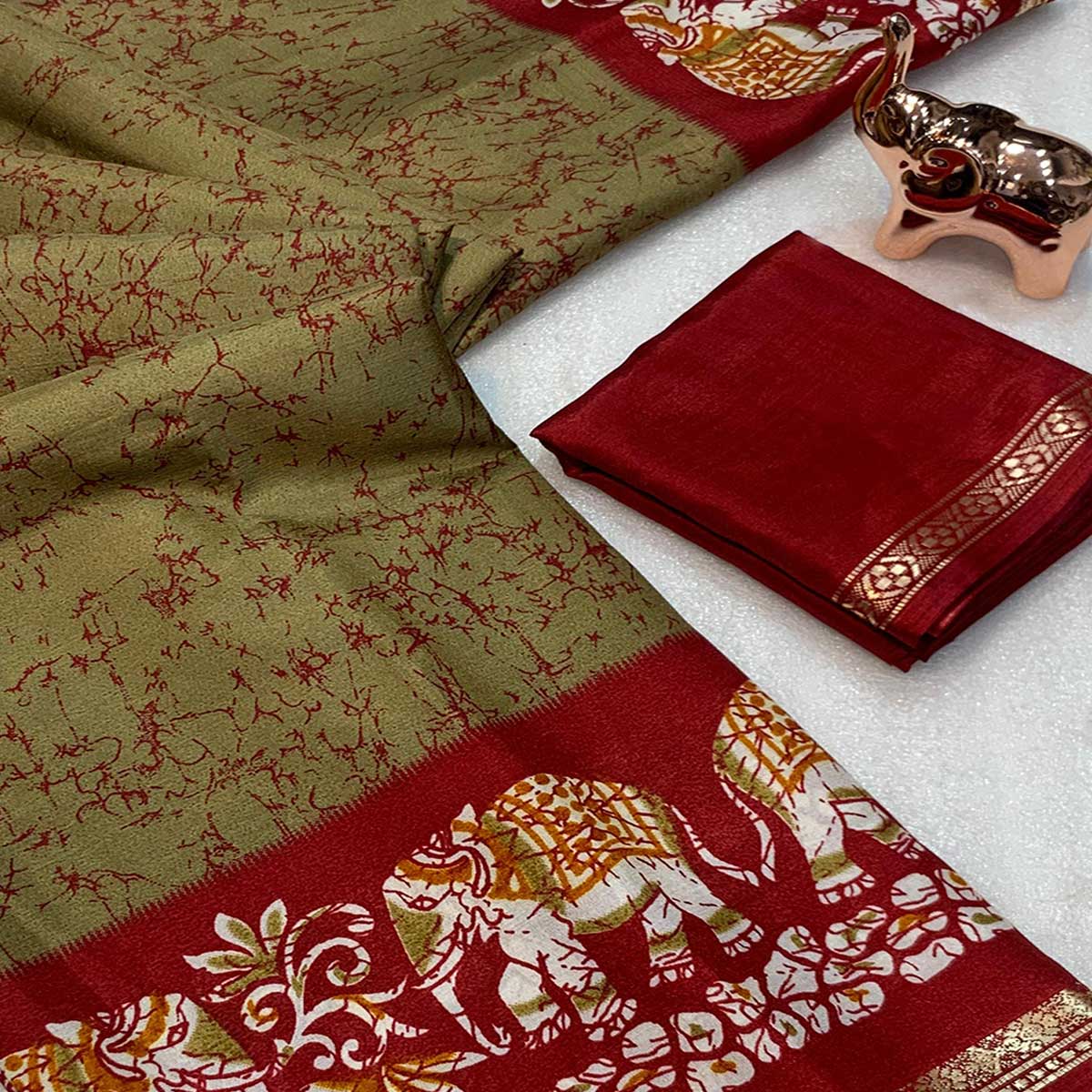 Beige Dola Silk Saree With Abstract Patterns And Kalamkari Pallu Art