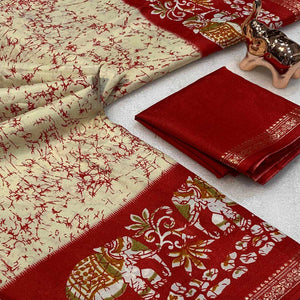 Cream Dola Silk Saree With Abstract Patterns And Kalamkari Pallu Art