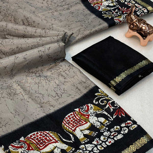 Grey Dola Silk Saree With Abstract Patterns And Kalamkari Pallu Art