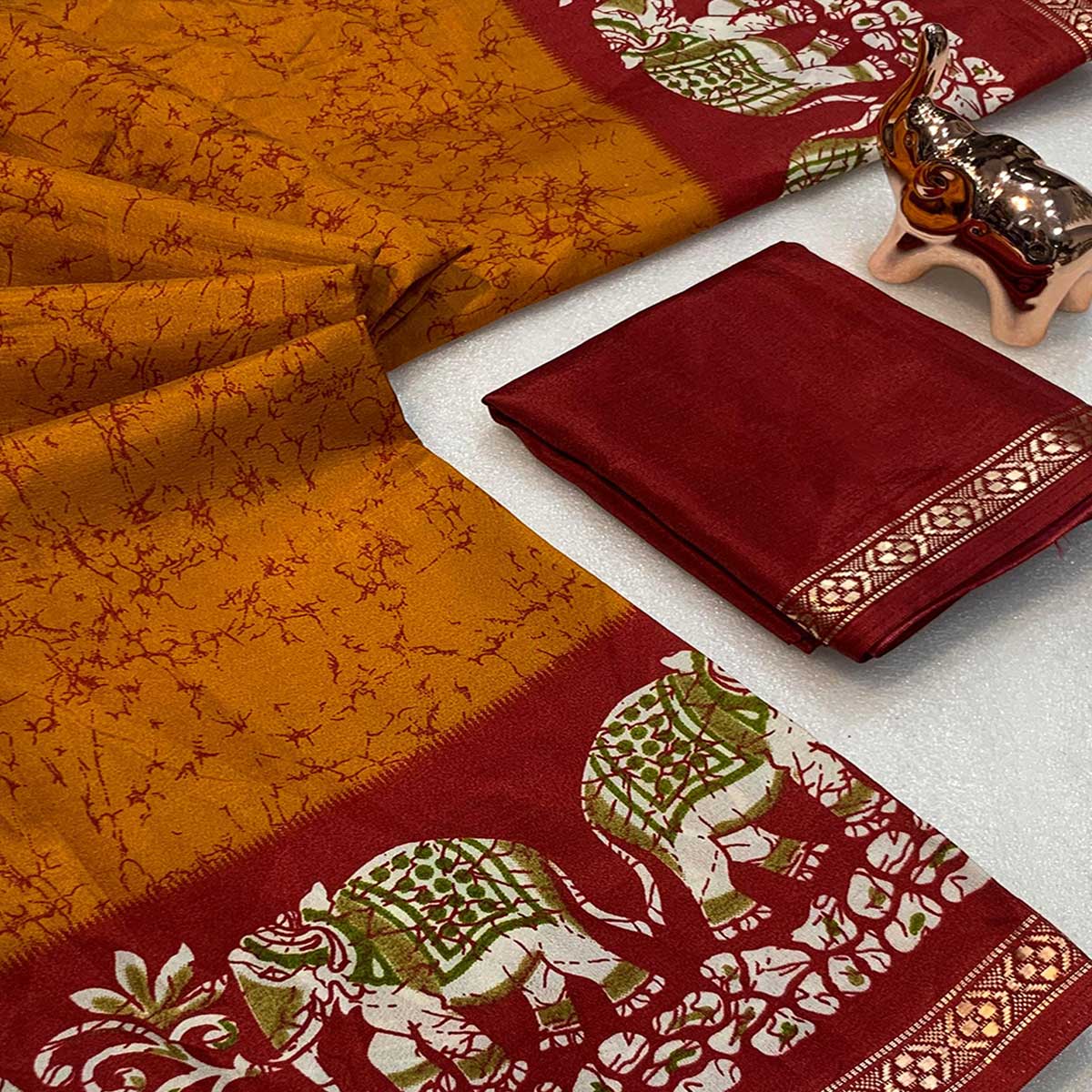 Mustard Dola Silk Saree With Abstract Patterns And Kalamkari Pallu Art